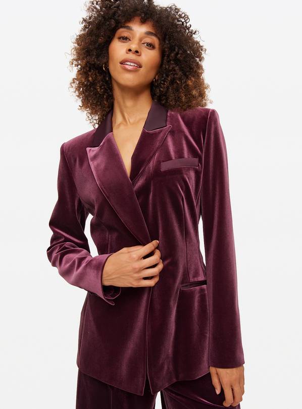 Burgundy Single Breasted Velvet Blazer 16